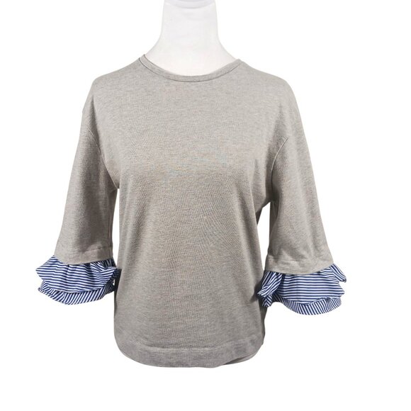 Lauren Ralph Lauren Tops - Lauren Ralph Lauren S Casual Gray Top 3/4 Sleeve W/ Navy/White Pinstripe Ruffle